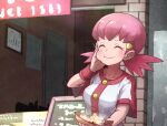  1girl blush buttons chewing closed_eyes collarbone dango eating eyelashes food food_in_mouth hair_ornament hairclip hand_on_own_face happy holding holding_food kotobukkii_(yt_lvlv) outdoors pink_hair pokemon pokemon_(game) pokemon_hgss shirt short_hair short_sleeves sign smile solo storefront upper_body wagashi white_shirt whitney_(pokemon) 