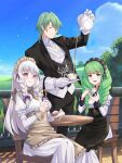  2girls alternate_costume apron braided_sidelock byleth_(fire_emblem) chair closed_eyes cup dessert drill_hair enlightened_byleth_(male) fire_emblem fire_emblem:_three_houses fire_emblem_heroes flayn_(fire_emblem) food fork gloves green_eyes green_hair hair_over_shoulder highres holding holding_cup holding_teapot igni_tion long_hair lysithea_von_ordelia lysithea_von_ordelia_(tea_party) maid_headdress multiple_girls official_alternate_costume official_alternate_hairstyle open_mouth pouring purple_eyes serving short_hair sitting smile teacup teapot white_gloves white_hair 