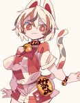  1girl animal_ears bell black_hair bright_pupils brown_eyes brown_hair calico cat_ears cat_tail closed_mouth coin collar goutokuji_mike hair_between_eyes highres jingle_bell looking_at_viewer massakasama multicolored_hair neck_bell short_hair solo tail touhou white_hair white_pupils 