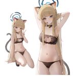 1girl absurdres alternate_costume animal_ear_fluff animal_ears arms_up bell black_choker blonde_hair blue_archive blue_eyes blue_nails breasts cat_cutout cat_ears cat_lingerie cat_tail choker cleavage_cutout clothing_cutout cropped_legs fake_animal_ears full_body halo highres jingle_bell long_hair looking_at_viewer lunia medium_breasts meme_attire microphone multiple_views navel neck_bell simple_background stomach straight_hair tail toki_(blue_archive) underwear underwear_only v very_long_hair white_background 