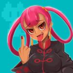  1girl :d absurdres blue_background breasts chinese_clothes dark-skinned_female dark_skin earrings eyelashes fingernails furrowed_brow hair_rings high_collar highres jewelry long_hair long_sleeves looking_at_viewer medium_breasts middle_finger nail_polish open_mouth pink_hair pokemon pokemon_(game) pokemon_masters_ex punk_girl_(pokemon) red_eyes red_nails sakumochi_(pixiv4431677) sharp_teeth smile solo tassel tassel_earrings teeth tongue tongue_out upper_teeth_only 