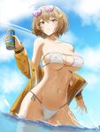  1girl absurdres ahoge anis_(nikke) anis_(sparkling_summer)_(nikke) anoreikatomoe bare_shoulders bikini blue_sky breasts brown_eyes brown_hair cameltoe can cloud covered_nipples eyewear_on_head goddess_of_victory:_nikke highres holding holding_can large_breasts navel official_alternate_costume outdoors parted_lips short_hair sky solo stomach swimsuit water wet white_bikini 