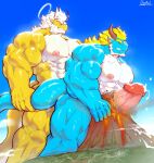  abs anal anal_penetration anthro anthro_on_anthro anthro_penetrated anthro_penetrating anthro_penetrating_anthro biceps big_penis blonde_hair blue_body bodily_fluids countershade_torso countershading cum cum_on_ground cum_on_penis darkai darkai_(character) dragon duo eyes_closed from_behind_position genital_fluids genitals glistening glistening_body hair halo hi_res holding_tail horn huge_penis hyper hyper_genitalia hyper_penis kneeling landscape_dwarfing leaking_cum macro male male/male male_penetrated male_penetrating male_penetrating_male muscular muscular_anthro muscular_male muscular_thighs pecs penetration penile penile_penetration penis sex tail vulcano white_hair yellow_body 