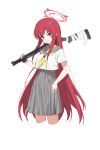  1girl 2t_(vmyz7342) absurdres arknights breasts fingerless_gloves gloves grin gun hair_between_eyes halo highres long_hair looking_at_viewer medium_breasts rabu_(blue_archive) red_eyes red_hair school_uniform shotgun simple_background smile solo weapon white_background 