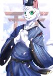  2023 absurd_res anthro asian_clothing blue_clothing blue_topwear clothing east_asian_clothing felid feline fur green_eyes hat headgear headwear hi_res ivan-jhang japanese_architecture japanese_clothing looking_at_viewer male mammal smile solo topwear white_body white_fur 