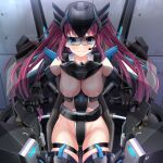  absurdres blue_eyes blush breasts cockpit embarrassed helvetica_std highres mecha mechanical_parts microphone nipples non-web_source olina_volka_(helvetica_std) pilot_suit red_hair robot sitting thighs twintails 