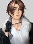  1boy black_gloves black_jacket blue_eyes brown_hair expressionless final_fantasy final_fantasy_viii fur-trimmed_jacket fur_trim gloves grey_background highres holding holding_jewelry holding_necklace jacket jewelry male_focus necklace nini_tw99 scar scar_on_face scar_on_forehead shirt short_hair simple_background solo squall_leonhart v-neck white_shirt 