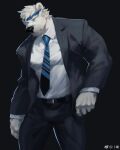  1boy alternate_costume bandaid bandaid_on_face bandaid_on_nose bara bear_boy ben_(rollingstonex6) blue_headband diagonal-striped_necktie feet_out_of_frame furry furry_male head_tilt headband large_pectorals looking_ahead male_focus mature_male muscular muscular_male original pectorals rollingstonex6 shirt short_hair solo suit thick_eyebrows tight_clothes tight_shirt white_fur white_hair 