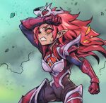  1girl armor armored_boots black_bodysuit blush bodysuit boots breastplate character_request clenched_teeth colored_sclera from_side gauntlets gloves gradient_background green_background league_of_legends legs_apart long_hair looking_up orange_eyes phantom_ix_row pointy_ears red_gloves red_hair red_sclera smoke solo teeth 