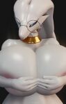  3d_(artwork) anthro areola big_breasts breasts digital_media_(artwork) eyewear female generation_5_pokemon glasses holding_breast huge_breasts legendary_pokemon nintendo nude pink_areola pokemon pokemon_(species) reshiram solo white_body xlkev 