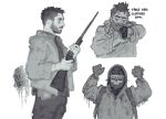  2boys aiming arms_up bags_under_eyes beard_stubble blush call_of_duty call_of_duty:_modern_warfare_2 collage cropped_torso english_text from_side ghost_(modern_warfare_2) greyscale gun highres holding holding_gun holding_weapon hood hood_up jitome male_focus mature_male monochrome multiple_boys mustache_stubble pointing pointing_at_another profile short_hair sideburns soap_(modern_warfare_2) standing thick_beard thick_eyebrows unkempt weapon yuli_(bbgyz44) zombie 