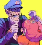  ._. 1boy 1girl ame999garnet anger_vein big_nose blue_eyeliner crown earrings face_squeeze facial_hair from_behind gloves hat jewelry long_sleeves mario_(series) medium_hair mustache orange_hair overalls princess princess_daisy purple_shirt shirt short_sleeves simple_background sweatdrop trembling upper_body waluigi white_gloves yellow_background 