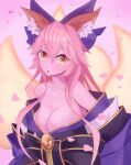  1girl animal_ear_fluff animal_ears artist_request blue_kimono blue_ribbon blush bow breasts cleavage collarbone fate/grand_order fate_(series) fox_ears fox_girl fox_tail glowing_tail hair_ribbon highres japanese_clothes kimono large_breasts long_hair looking_at_viewer multiple_tails off_shoulder open_mouth petals pink_background pink_hair ribbon simple_background solo split_ponytail tail tamamo_(fate) tamamo_no_mae_(fate/extra) tamamo_no_mae_(third_ascension)_(fate) very_long_hair yellow_eyes 
