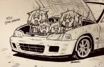  0_0 4girls absurdres car cevio commentary_request datsan highres honda honda_civic marker_(medium) monochrome motion_lines motor_vehicle multiple_girls one_(cevio) open_mouth short_hair too_literal traditional_media twitter_username 