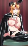  1girl alternate_costume animal_ears black_panties black_shirt black_thighhighs blonde_hair blush breasts bunsuirei commentary_request fake_animal_ears full_body highres horns hoshiguma_yuugi large_breasts latex latex_panties latex_shirt latex_thighhighs long_hair long_sleeves looking_at_viewer meme_attire navel nipples open_mouth panties parted_bangs rabbit_ears red_eyes red_horns reverse_bunnysuit reverse_outfit shirt shrug_(clothing) sidelocks single_horn sitting smile solo star_(symbol) thighhighs touhou underwear 