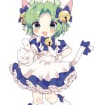  1girl :d animal_ears animal_hat apron bell blue_bow blue_dress blush bow cat_ears cat_hat cat_tail dejiko di_gi_charat dress green_eyes green_hair hair_bell hair_ornament hand_on_own_hip haruno_(hrn_1125i) hat highres index_finger_raised jingle_bell looking_at_viewer maid_apron open_mouth parted_bangs short_hair simple_background smile solo standing tail tail_bow tail_ornament white_apron white_background white_footwear white_mittens 
