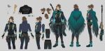 1boy absurdres black_gloves cape closed_mouth earrings english_commentary fingerless_gloves full_body gloves goldbullet green_cape gun high_ponytail highres holostars holostars_english holster holstered jacket jewelry kadeart long_hair male_focus multicolored_hair necklace official_art partially_fingerless_gloves profile reference_sheet standing thigh_holster torn_cape torn_clothes virtual_youtuber weapon 