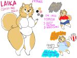  anthro barefoot breasts buraian287 chubby_female clothed clothing english_text featureless_breasts feet female fur hi_res laika_(buraian287) looking_at_viewer midriff model_sheet multicolored_body multicolored_fur one_eye_closed simple_background smile solo text two_tone_body two_tone_fur white_background wink 