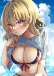  1girl absurdres bikini blonde_hair blue_shirt blush breasts cleavage hair_between_eyes highres kinese_(katasutorohu) large_breasts maribel_hearn navel open_mouth purple_bikini purple_eyes shirt short_hair short_sleeves solo swimsuit touhou upper_body wet wet_clothes wet_shirt 