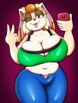  absurd_res anthro big_breasts bottomwear breast_squish breasts cellphone cleavage clothed clothing female gesture hi_res huge_breasts lagomorph leporid looking_at_viewer mammal mature_female midriff one_eye_closed pants phone rabbit sega selfie solo someth1ngoranother sonic_the_hedgehog_(series) squish tight_bottomwear tight_clothing tight_pants tongue tongue_out unbuttoned unbuttoned_pants v_sign vanilla_the_rabbit wide_hips wink 