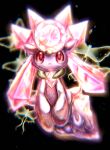  1girl animal_ears black_background bug butterfly chest_jewel chromatic_aberration closed_mouth colored_sclera colored_skin commentary_request diancie highres long_hair looking_at_viewer pink_gemstone pink_hair pokemon pokemon_(creature) purple_skin red_eyes red_sclera sad simple_background solo tears tensaitou_tou twintails wide-eyed 