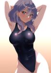 1girl absurdres ako_(blue_archive) armpits arms_behind_head bare_arms bare_legs bare_shoulders black_one-piece_swimsuit blue_archive blue_eyes blue_hair blush breasts closed_mouth collarbone cowboy_shot hair_between_eyes highres large_breasts long_hair looking_at_viewer melow_menow one-piece_swimsuit school_swimsuit solo swimsuit 