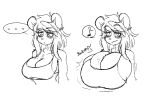  anthro bear big_breasts breast_expansion breasts cleavage clothed clothing ellipsis expansion female giant_panda hair huge_breasts hyper hyper_breasts looking_at_breasts looking_at_viewer looking_down lunarspy mammal monochrome motion_lines musical_note simple_background smile solo sound_effects speech_bubble text topwear unknown_character 
