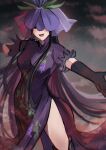  1girl black_eyes black_gloves black_hair dress elbow_gloves food_print fruit_print gloves grape_print hat highres khylimei long_hair open_mouth outstretched_arms purple_dress purple_headwear sidelocks signature smile solo spread_arms touhou unfinished_dream_of_all_living_ghost yomotsu_hisami 