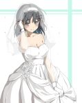  1girl alternate_costume black_eyes black_hair breasts bridal_veil bride cleavage commission dress gloves haguro_(kancolle) hair_ornament highres kantai_collection kirisaki_seeker large_breasts medium_hair skeb_commission solo strapless strapless_dress veil wedding_dress white_dress white_gloves 