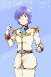  1boy :&lt; ascot belt belt_buckle blue_ascot blue_background breasts brown_belt buckle copyright_name cosplay cowboy_shot epaulettes frown garma_zabi gloves gundam hand_up high_collar jacket long_sleeves male_focus military_uniform mobile_suit_gundam_the_origin p.kibi pants purple_eyes purple_hair short_hair simple_background solo uniform white_gloves white_jacket white_pants 