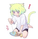  ! 1boy alternate_costume animal_ear_fluff animal_ears barefoot bike_shorts black_shorts cat_boy cat_ears cat_tail commentary fang fish green_hair highres kemonomimi_mode kneeling kome_1022 lio_fotia male_focus otoko_no_ko playing promare purple_eyes shirt short_hair shorts solo stuffed_animal stuffed_toy symbol-only_commentary tail toy v-shaped_eyebrows white_shirt 