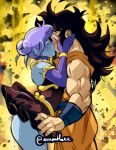  1boy 1girl amartbee black_dress black_hair blue_skin blue_wristband blunt_bangs blush colored_skin dougi dragon_ball dragon_ball_heroes dress elbow_gloves english_commentary explosion from_side gloves hair_bun highres kiss long_hair muscular muscular_male purple_gloves purple_hair scar scar_on_cheek scar_on_face short_dress surprise_kiss surprised twitter_username vidro_(dragon_ball) wristband yamcha 