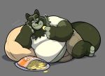  2023 anthro belly big_belly black_nose bottomwear canid canine chips_(food) clothing cute_fangs food green_body male mammal overweight overweight_male pillow raccoon_dog runxforest shirt shorts simple_background solo tanuki topwear 