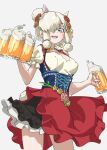  1girl :d alcohol alpaca_ears alpaca_girl alpaca_suri_(kemono_friends) animal_ears bare_arms beer beer_mug blue_eyes bodice breasts commentary cowboy_shot cup dirndl extra_ears flower german_clothes hair_bun hair_flower hair_ornament hair_over_one_eye highres holding holding_cup horizontal_pupils jewelry kemono_friends kemono_friends_3 large_breasts long_bangs mug official_alternate_costume one_eye_covered open_mouth pendant puffy_short_sleeves puffy_sleeves red_skirt short_hair short_sleeves simple_background single_hair_bun skirt smile solo tanabe_(fueisei) teeth underbust upper_teeth_only white_background white_hair 
