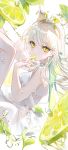  1girl dot_nose dress eating food from_side fruit hair_ribbon hairband highres holding holding_food holding_fruit leaf lemon lemon_print lemon_slice long_hair looking_at_viewer miwano_rag original ribbon sidelocks solo splashing white_dress white_hair yellow_eyes yellow_nails 