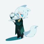  1girl aislan animal_ears black_footwear black_pants coat faust_(limbus_company) fox_ears fox_girl full_body glasses green_coat holding holding_plate limbus_company long_sleeves looking_at_viewer pants plate project_moon shoes simple_background solo white_background 
