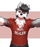  2023 anthro bottomwear canid canine canis clothing digital_media_(artwork) english_text hi_res looking_at_viewer mammal myke_greywolf_(character) mykegreywolf red_clothing red_eyes red_shirt red_topwear shirt smile solo text topwear wolf 