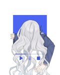  1boy argalia_(library_of_ruina) blue_jacket hair_over_face jacket library_of_ruina long_hair long_sleeves love_mintchoco male_focus pause_button play_button project_moon simple_background solo very_long_hair white_background white_hair 