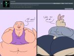  2018 4:3 anthro ask_blog batspid2 big_butt black_clothing black_nose blue_clothing blue_eyes bodily_fluids bottomwear breasts butt butt_focus cleavage clothed clothing crop_top dialogue digital_drawing_(artwork) digital_media_(artwork) duo english_text exclamation eyebrows eyelashes eyewear female flat_colors frill_(anatomy) front_view fur glasses grey_clothing head_crest head_frill huge_butt huge_hips juna_(batspid2) lagomorph legwear leporid lizard loa_(batspid2) looking_back mammal membrane_(anatomy) membranous_frill morbidly_obese morbidly_obese_anthro morbidly_obese_female navel obese obese_anthro obese_female open_mouth overweight overweight_anthro overweight_female pink_body pink_skin purple_eyes rabbit rear_view reptile scalie scut_tail shirt short_tail simple_background smile sweat sweatdrop sweater tail tan_body tan_fur text three-quarter_view tight_clothing topwear 