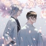  2boys arm_guards black_hair blue_hair blurry brown_eyes cherry_blossoms depth_of_field falling_petals fate/grand_order fate_(series) flower from_side hair_over_one_eye hair_pulled_back haori highres japanese_clothes looking_ahead looking_to_the_side male_focus medium_hair moon-and-calvados multiple_boys parted_lips petals profile purple_eyes saitou_hajime_(fate) saitou_hajime_(third_ascension)_(fate) shinsengumi short_hair smile upper_body wavy_hair white_flower yamanami_keisuke_(fate) 