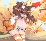  andromorph breasts brown_hair clothing crossgender cyclea female femicolon feral fluffy fluffy_tail fox_spirit fox_tail geometry_dash hair intersex jacket orange_clothing orange_jacket orange_topwear owo solo tail topwear 