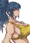  bare_shoulders biceps blue_eyes blue_hair breasts crop_top dog_tags large_breasts leona_heidern midriff muscular muscular_female ponytail simple_background solo tank_top the_king_of_fighters yasunososaku yellow_tank_top 