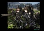  1other 3girls aiming arm_armor black_border black_gloves blonde_hair border brown_hair dot_mouth girls&#039;_frontline gloves green_hair gun helmet holding holding_gun holding_weapon kuroinu9 looking_afar looking_at_viewer m16a1_(girls&#039;_frontline) m4_sopmod_ii_(girls&#039;_frontline) m4a1_(girls&#039;_frontline) military_uniform multicolored_hair multiple_girls outdoors outside_border red_hair streaked_hair tree uniform weapon weapon_behind_back 