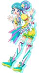  1girl :d aqua_footwear blue_eyes blue_hair blush boots breasts commentary_request dress drop_shadow full_body hair_bun hair_ornament hands_up idol_clothes leaning_forward looking_at_viewer moudoku_(decopon3rd) multicolored_hair open_hands open_mouth pink_hair pinon_(pripara) pretty_(series) pripara puffy_short_sleeves puffy_shorts puffy_sleeves short_sleeves shorts sidelocks single_side_bun small_breasts smile solo standing star_(symbol) star_hair_ornament streaked_hair striped striped_thighhighs thighhighs white_background yellow_dress 