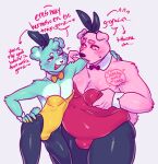  2023 achuchones_(unicorn_wars) anthro bear belly big_belly blue_body blush bulge bunny_costume clothed clothing costume crossdressing dialogue dongoverlord duo english_text fake_ears fake_rabbit_ears gordi_(unicorn_wars) hi_res humanoid_hands male mammal moobs pink_body spanish_text text unicorn_wars 