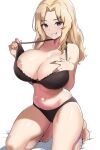  1girl amogan black_bra black_panties blonde_hair blue_eyes blush bra breasts collarbone girls_und_panzer grin highres kay_(girls_und_panzer) large_breasts long_hair looking_at_viewer navel nipples panties shiny_skin simple_background smile solo underwear underwear_only white_background 