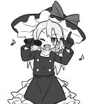  1girl blush bow braid bseibutsu buttons coat cookie_(touhou) cowboy_shot fang flat_chest gloves greyscale hair_bow hat hat_bow kirisame_marisa long_hair long_sleeves looking_at_viewer medium_bangs monochrome musical_note one_eye_closed open_mouth rei_(cookie) side_braid simple_background single_braid skirt smile solo touhou turtleneck witch_hat 