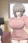  1boy 1girl age_difference arms_behind_back black_hair black_shorts blurry blurry_background blush breasts collarbone covered_navel dolphin_shorts grey_hair hair_over_eyes highres huge_breasts indoors jorin meme onee-shota pajamas_challenge_(meme) short_shorts shorts size_difference smile uzaki-chan_wa_asobitai! uzaki_yanagi 