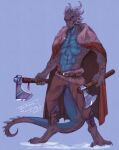  2023 anthro axe belt black_body black_scales bottomwear cloak clothed clothing digital_media_(artwork) dragon fur hi_res horn looking_at_viewer male medieval medieval_clothing melee_weapon muscular open_mouth pants pink_eyes scales scalie simple_background smile solo spikes standing tail tattoo teeth topless viking wanderertamplior weapon western_dragon wingless_dragon 