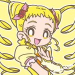  1boy blonde_hair bow brooch butterfly_brooch cone_hair_bun cure_lemonade drill_hair earrings hair_bun hair_ornament highres jewelry kasugano_urara_(yes!_precure_5) long_hair magical_girl mayena open_mouth outline precure puffy_short_sleeves puffy_sleeves short_sleeves signature simple_background smile solo twintails upper_body white_outline yellow_background yellow_eyes yes!_precure_5 